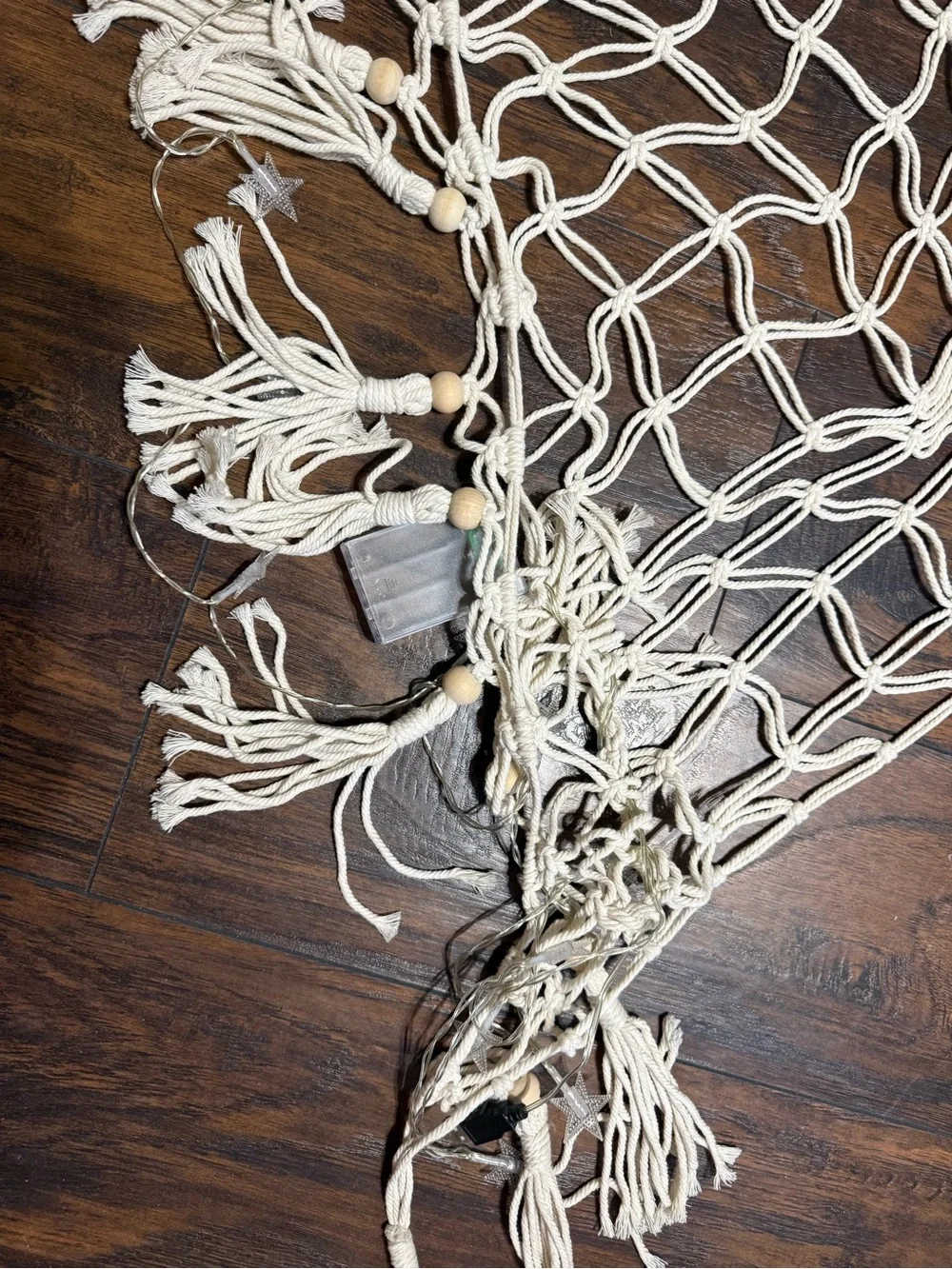 Kids Cream Macramé Hammock Shelf with Star String Lights - Cream set of 2